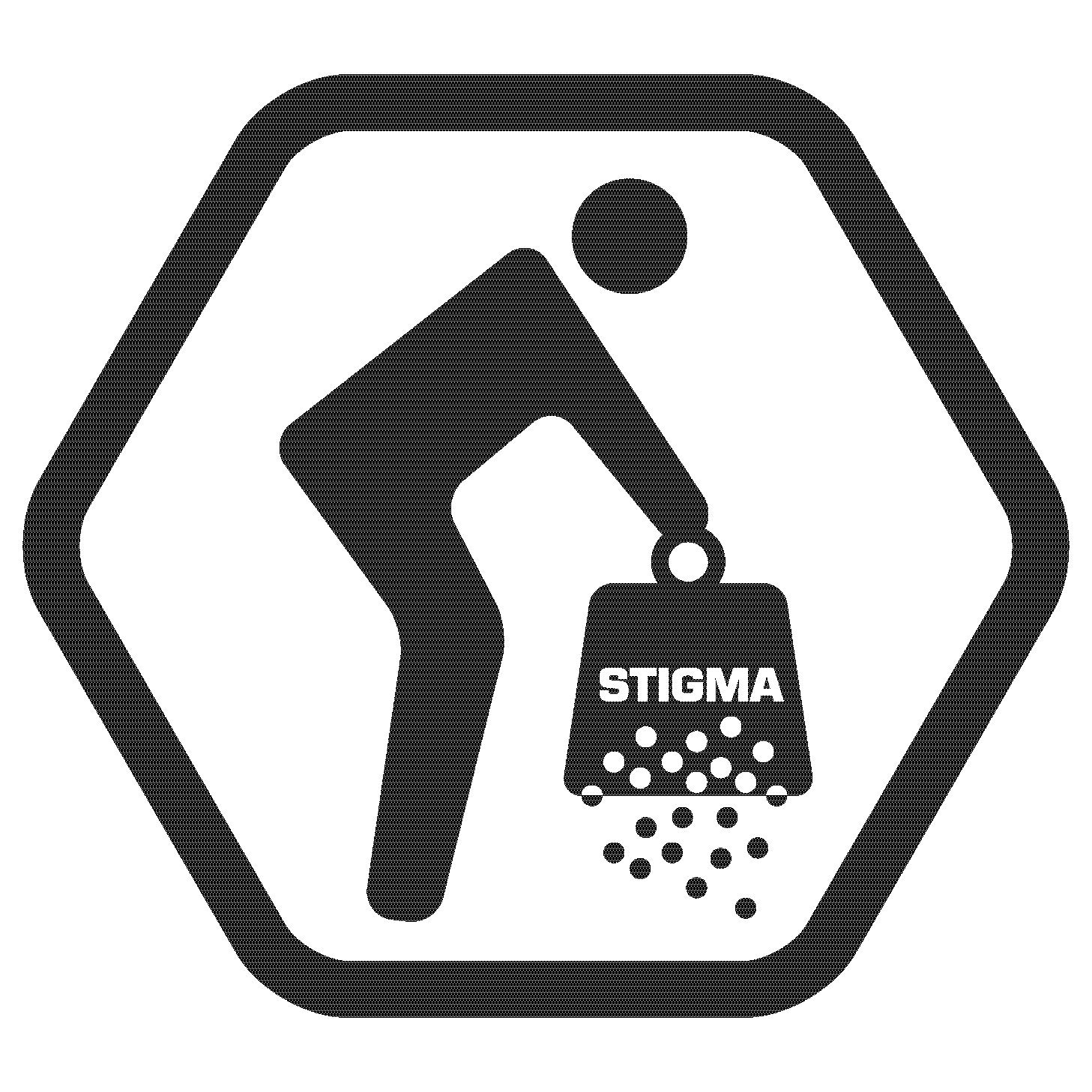 Anti-Stigma Logo. Person, die ein Gewicht mit Aufschrift Stigma hochhebt, das zerbröckelt.